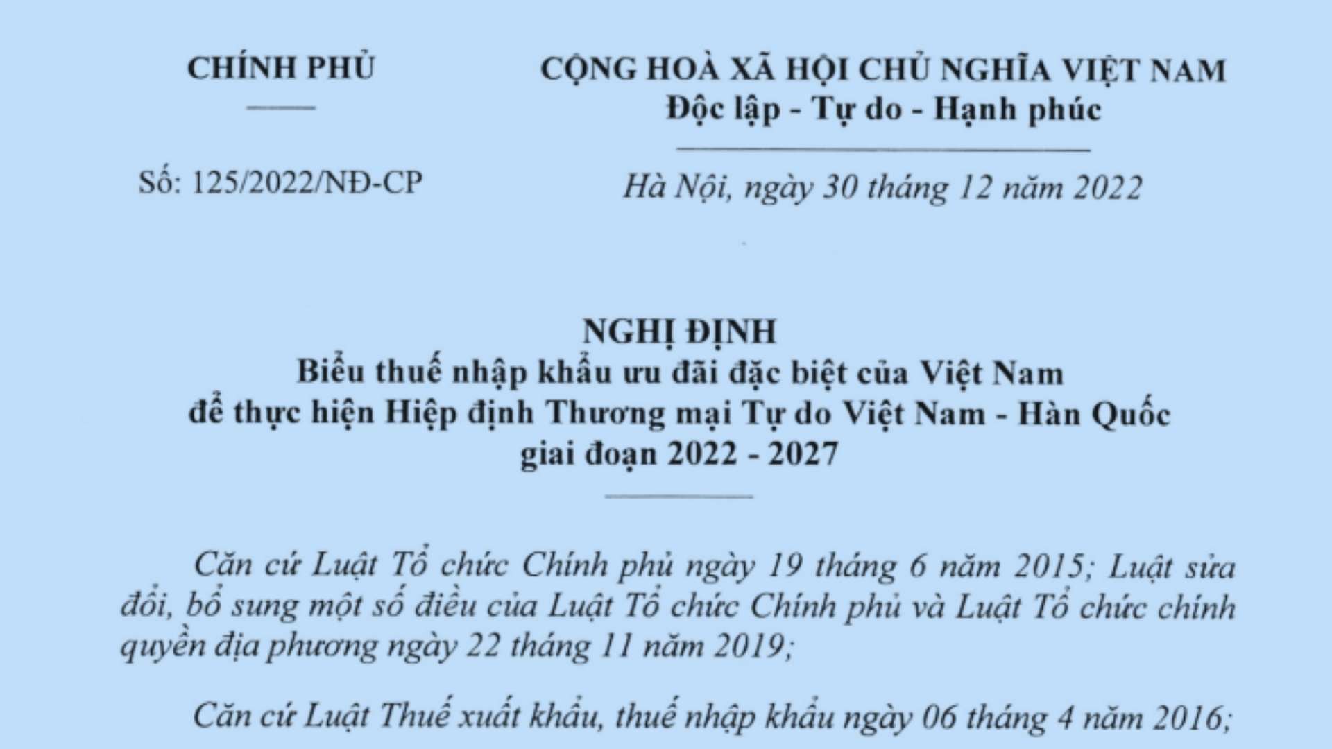 Biểu thuế nhập khẩu ưu đãi đặc biệt Việt Nam Hàn Quốc